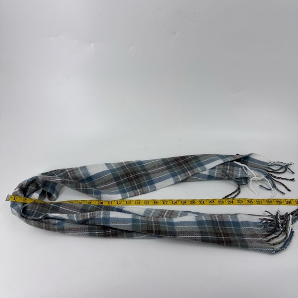 James Pringle Weavers Blue and Gray Tartan Scarf with Fringed Ends - Picture 9 of 9
